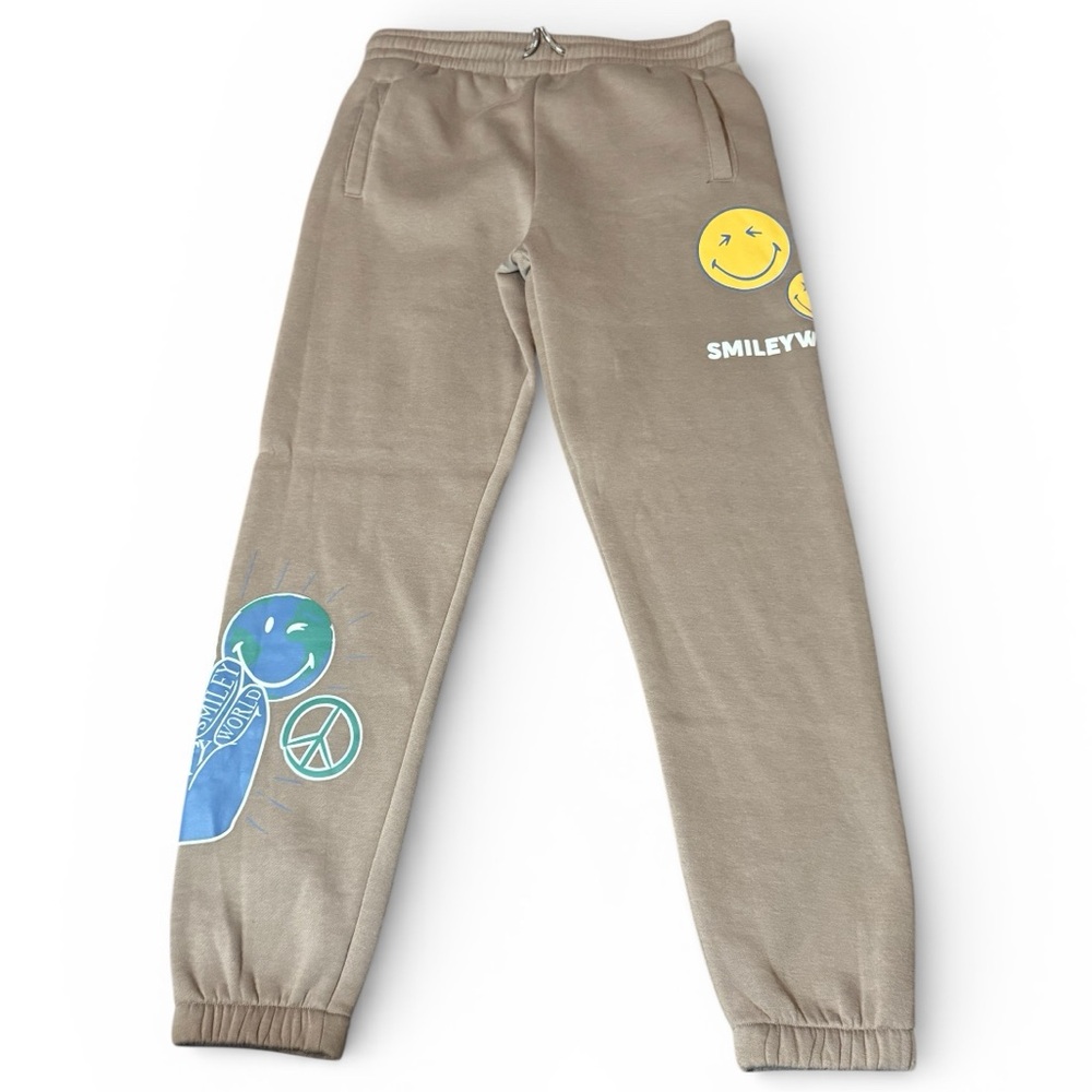 SmileyWorld Mens Joggers Graphic Sweatpants  Tan Size Medium